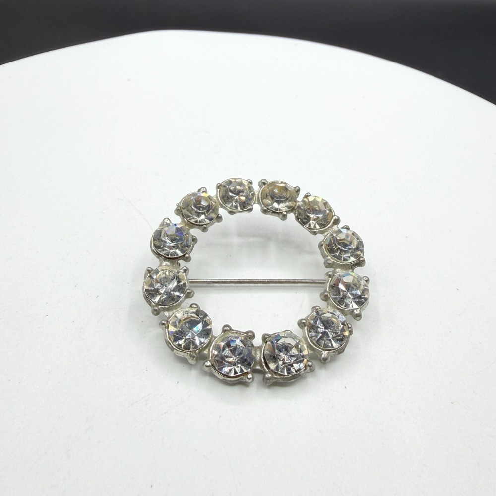 Clear Rhinestone Silver Tone Round Wreath Brooch Pin Bridal Statement Glam Gift